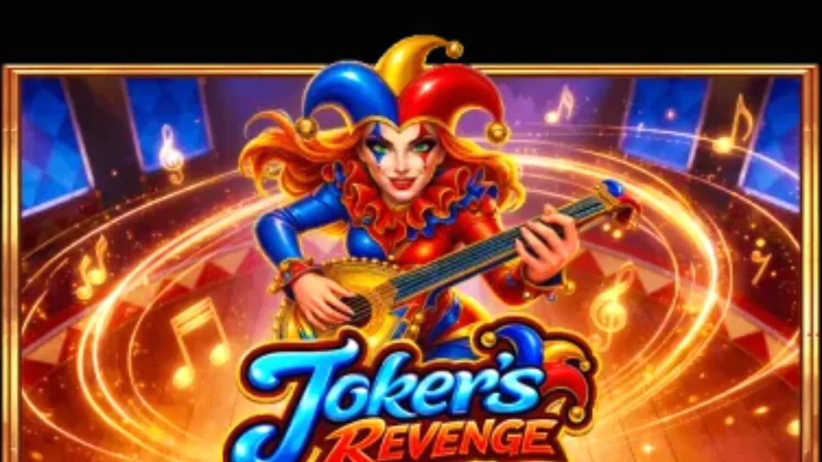 Cenário temático de arlequim e elementos de circo medieval no jogo Joker's Revenge
